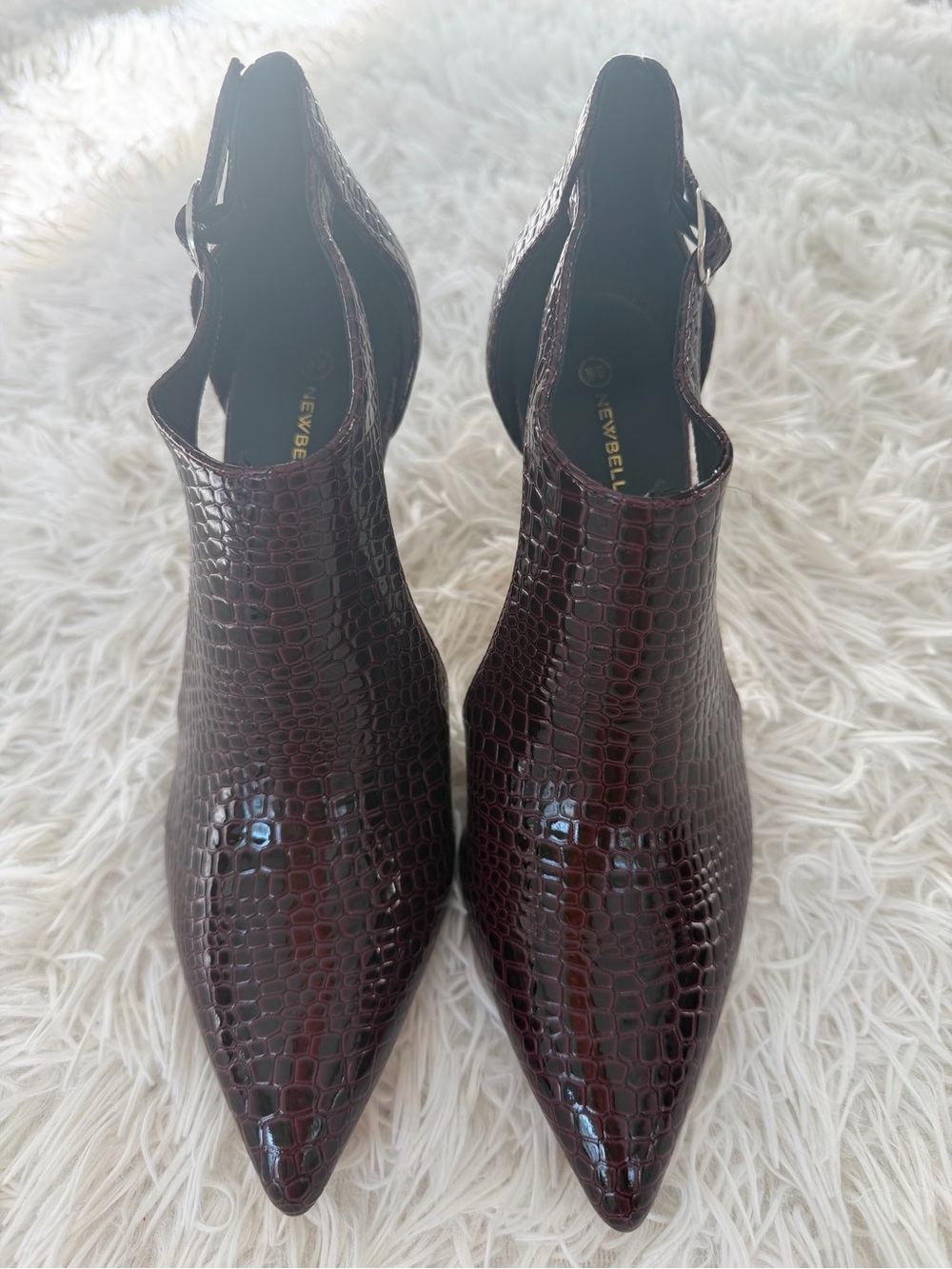Pointed Toe Croc-Embossed Slingback Heeled Boots in Deep Burgundy